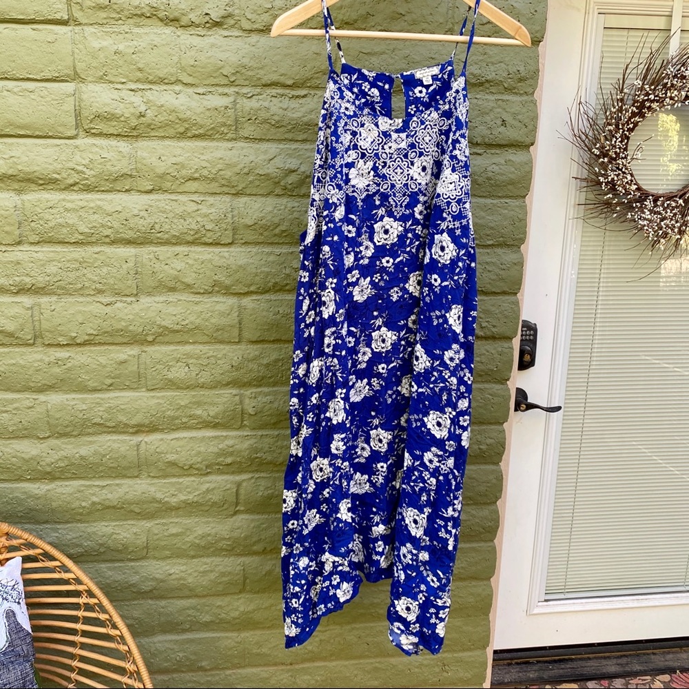 Blue Floral Pattern Midi Dress